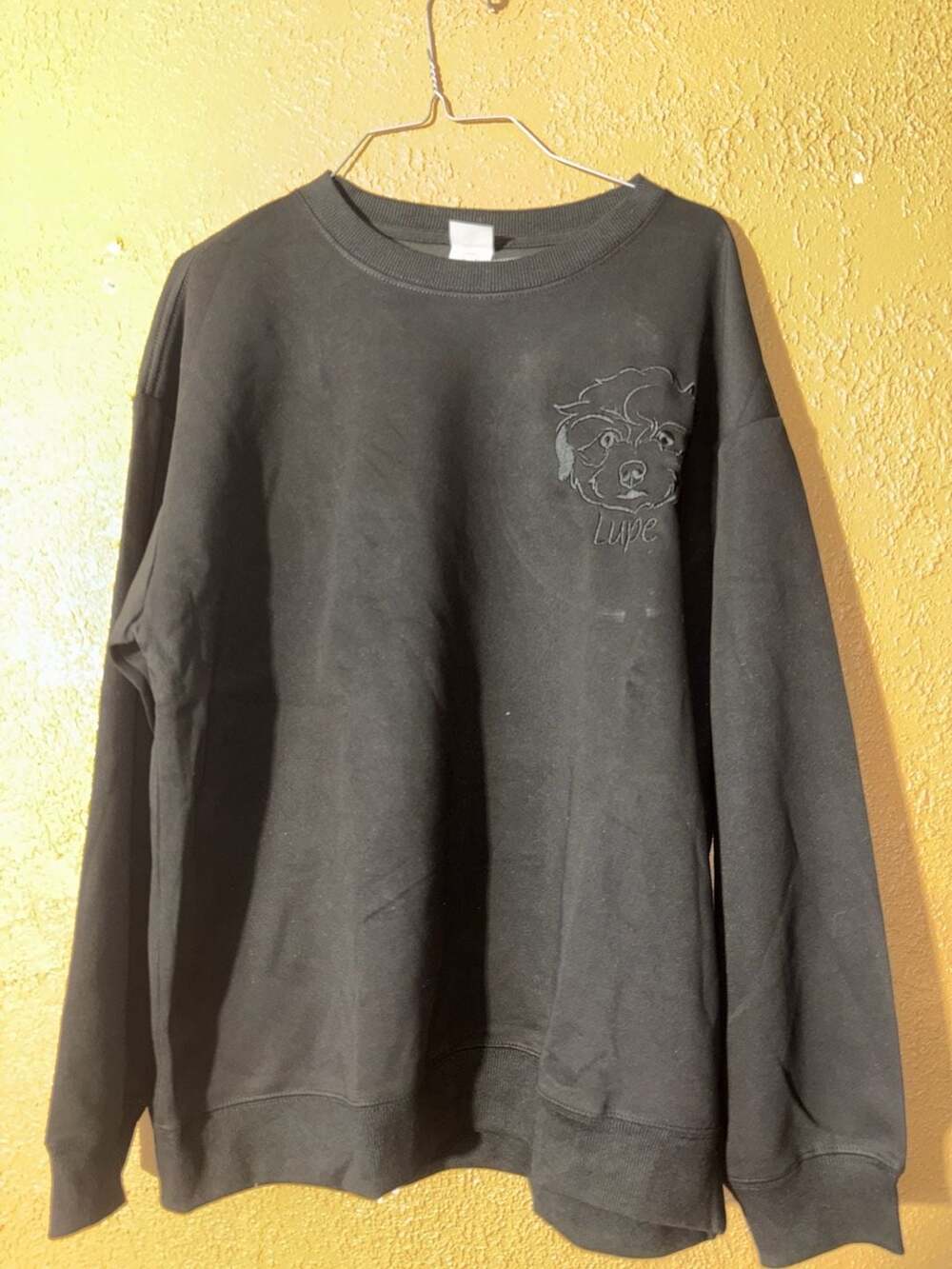 Custom Embroidered Black Dog Face Crewneck Sweatshirt with Lupe Name